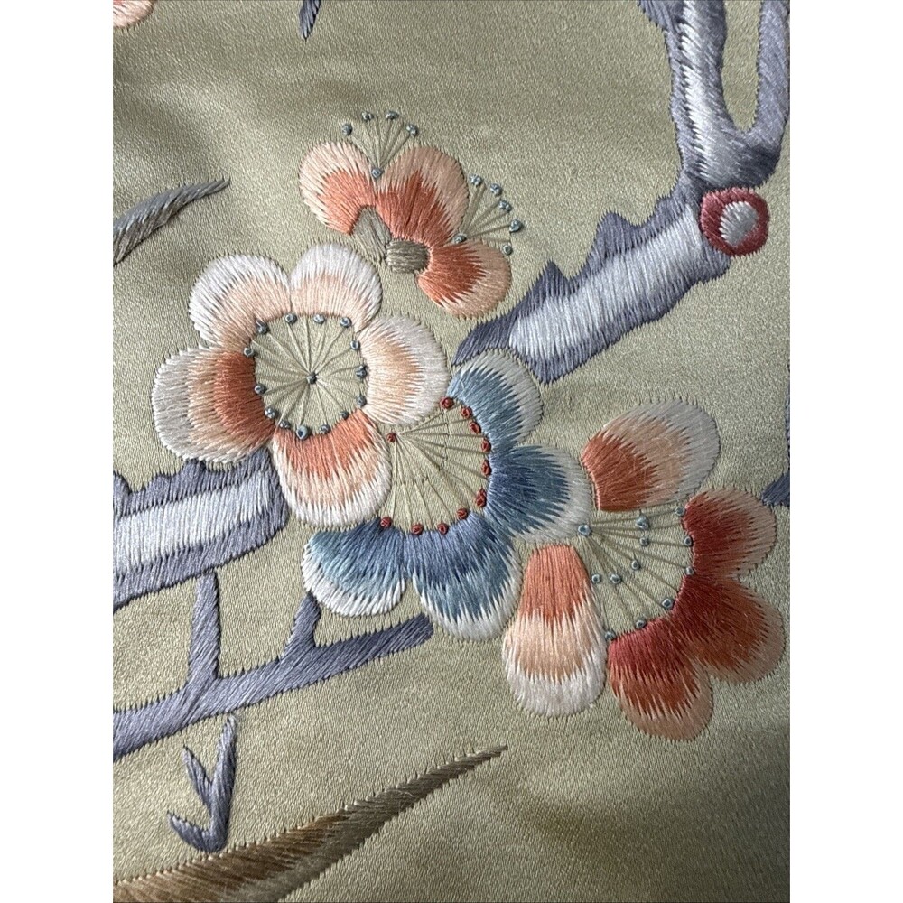 Vintage Asian Silk Hand Embroidered Tapestry Floral Bird Design 13”x26” - Picture 5 of 16